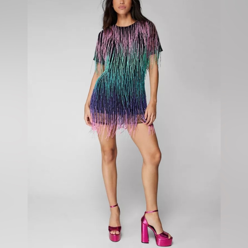 Nasty Gal Dress Rainbow Tassel Beaded Shift Fringe Mini Size 2